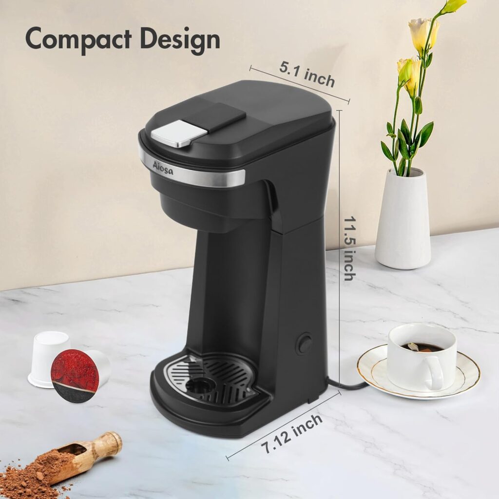 Aiosa Single Serve K Cup Coffee Maker And Ground Coffee Machine 2 in 1, 8 to 14 Oz Brew Sizes, Mini Personal One Cup Coffee Maker, Fits 7in.Travel Mug,Auto Shut Off,800W,Reusable Filter
