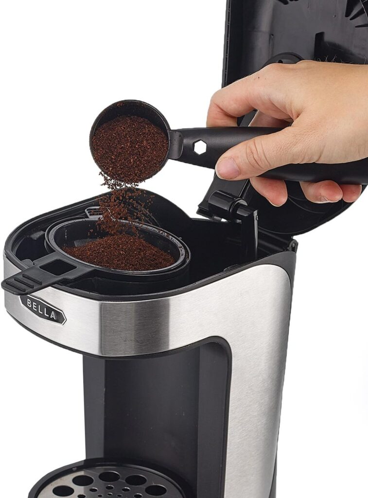 BELLA One Scoop One Cup Coffee Maker, Single Serve Brewer with Adjustable Drip Tray and Permanent Filter, Dishwasher Safe, Stainless Steel and Black
