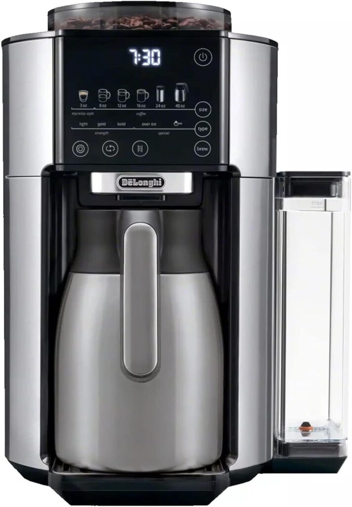 DeLonghi TrueBrew Drip Coffee Maker, Built in Grinder, Single Serve, 8 oz to 24 oz with 40 oz Carafe, Hot or Iced Coffee, Stainless,CAM51035M