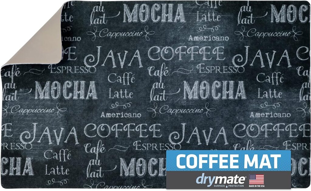 Drymate Coffee Maker Mat, (Coffee Station Bar Accessory) Protects Kitchen Countertops From Spills, Stains  Scratches, Absorbent, Waterproof, Washable (USA Made) (12” x 20”) (Java Chalkboard)