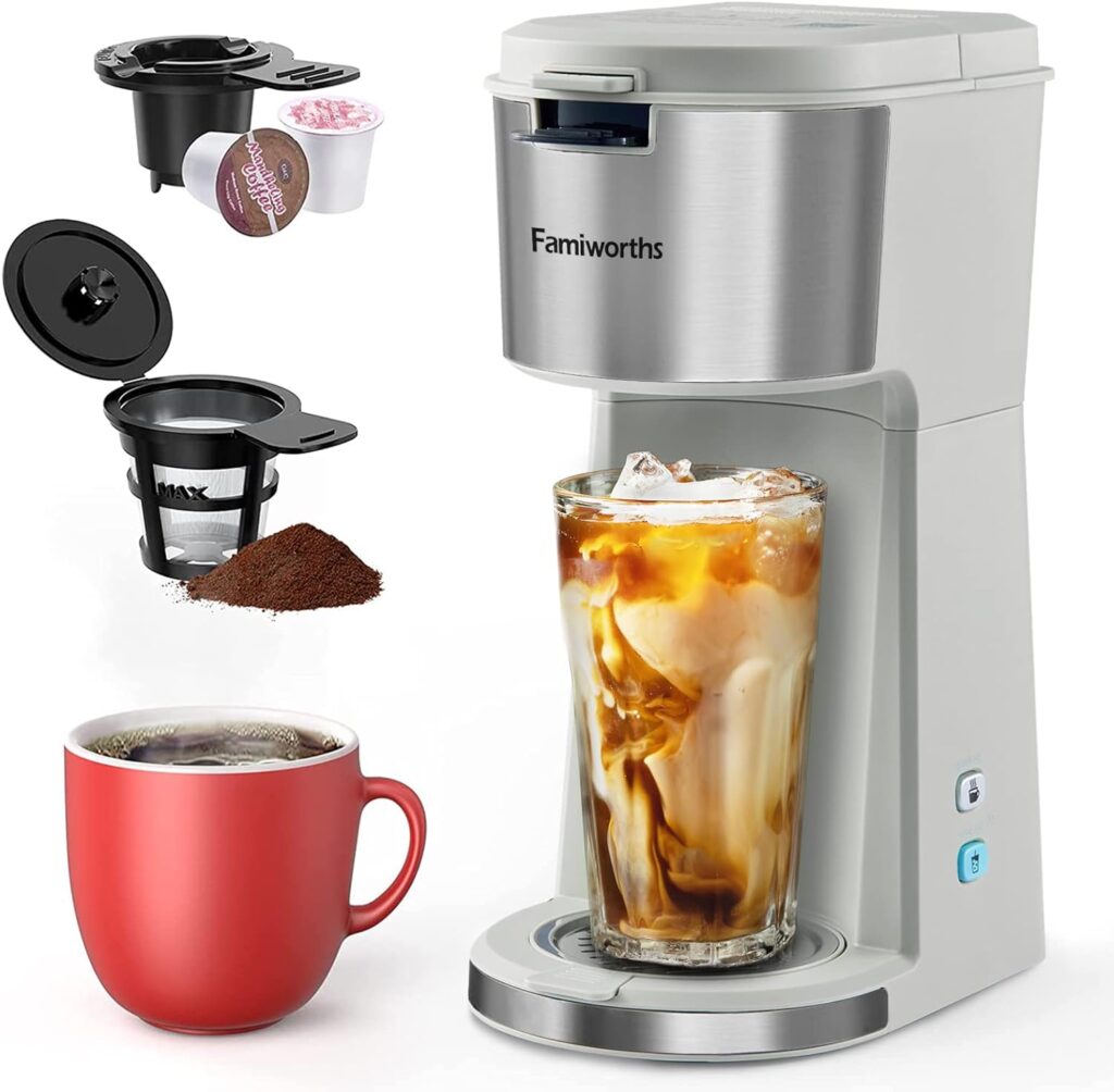 Famiworths Iced Coffee Maker, Hot and Cold Coffee Maker Single Serve for K Cup and Ground, with Descaling Reminder and Self Cleaning, Iced Coffee Machine for Home, Office and RV, Lavender
