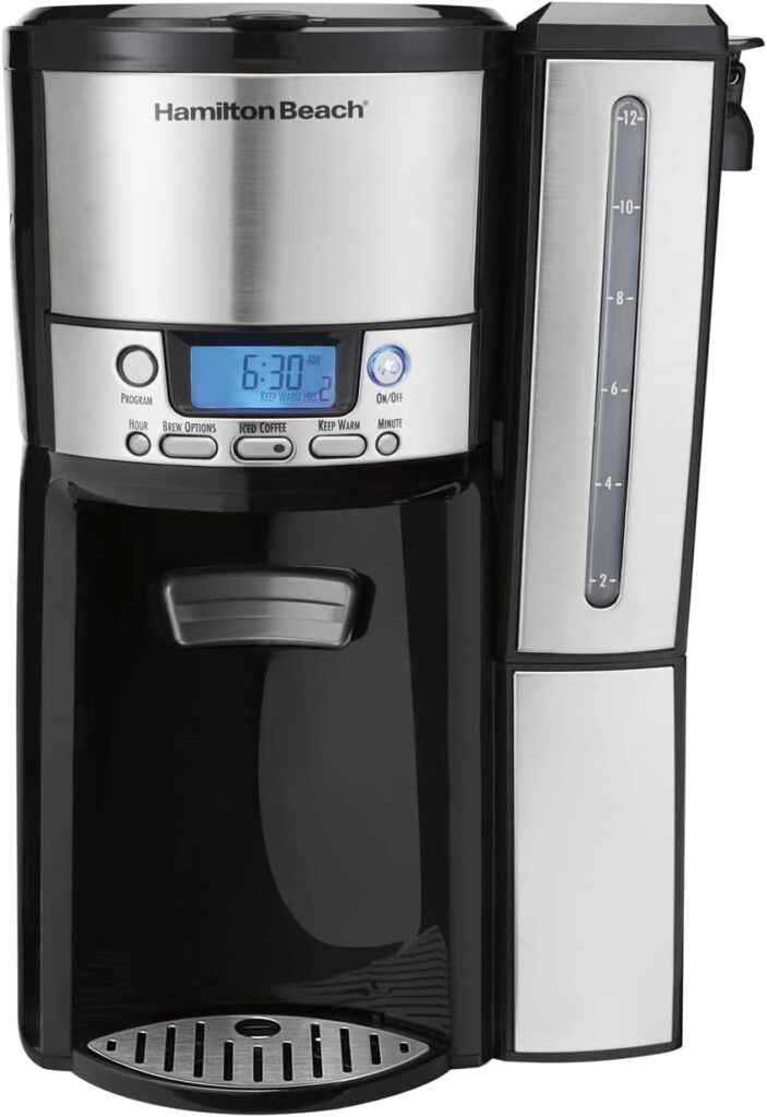 Hamilton Beach One Press Programmable Dispensing Drip Coffee Maker with 12 Cup Internal Brew Pot, Water Reservoir, Black and Silver (47950)