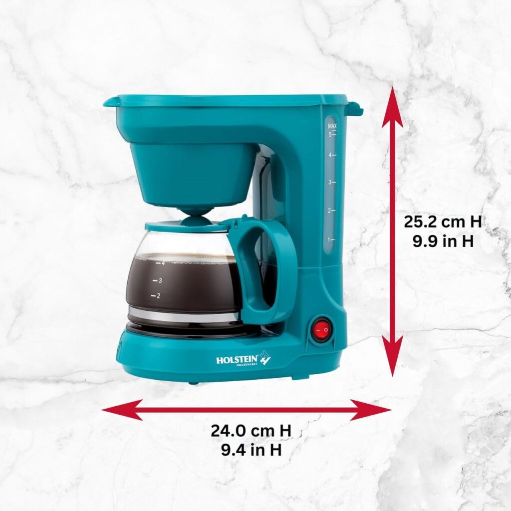 Holstein Housewares - 5 Cup Drip Coffee Maker - Convenient and User Friendly with Permanent Filter, Borosilicate Glass Carafe, Water Level Indicator, Auto Pause/Serve and Keep Warm Functions, Teal