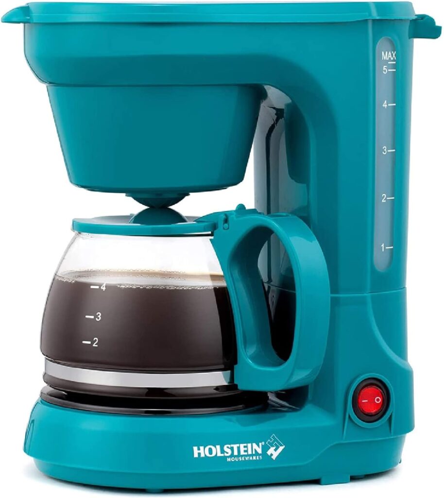 Holstein Housewares - 5 Cup Drip Coffee Maker - Convenient and User Friendly with Permanent Filter, Borosilicate Glass Carafe, Water Level Indicator, Auto Pause/Serve and Keep Warm Functions, Teal