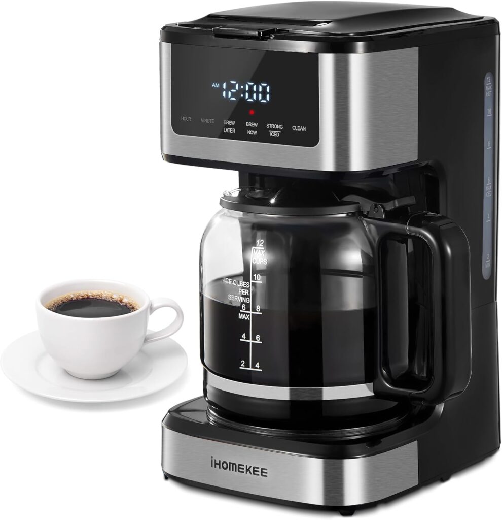 Ihomekee Programmable Coffee Maker, 12 Cup Drip Coffee Machine with Iced Coffee Function, Regular  Strong Brew, Compact Coffee Machines for Home and Office, Silver and Black