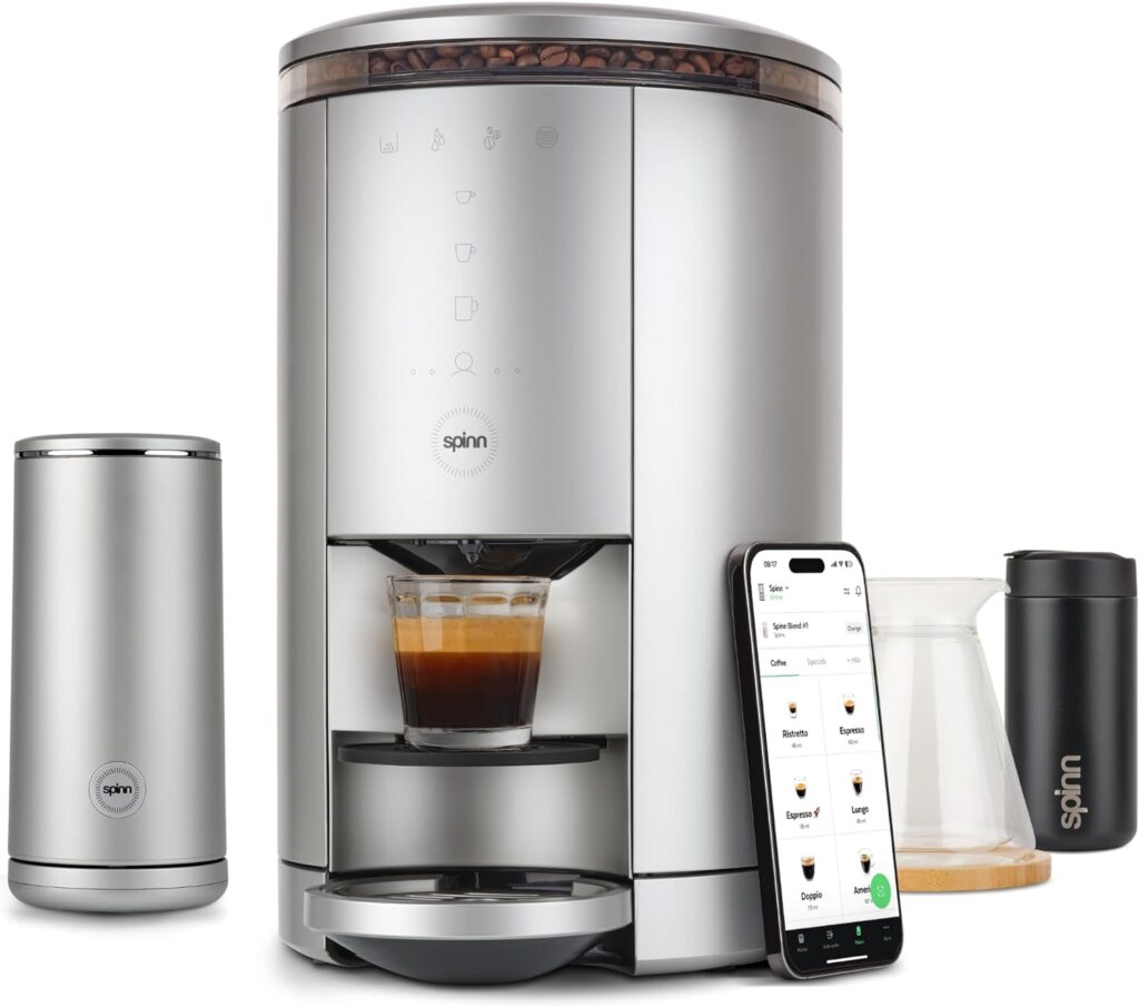 SPINN Coffee  Espresso Machine with Milk Frother Bundle, Smart WiFi Automatic Coffee, Cold Brew Machine, Automatic Coffee Foam Maker for Latte, Single Serve  Zero-Waste, Silver