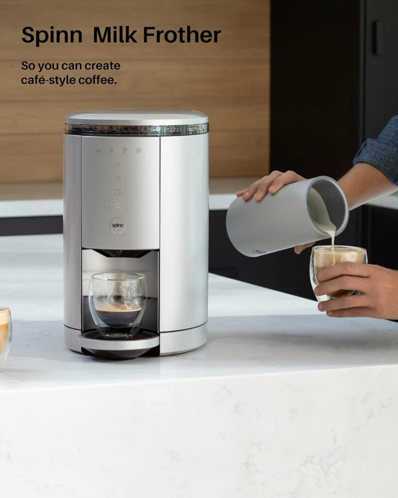 SPINN Coffee  Espresso Machine with Milk Frother Bundle, Smart WiFi Automatic Coffee, Cold Brew Machine, Automatic Coffee Foam Maker for Latte, Single Serve  Zero-Waste, Silver