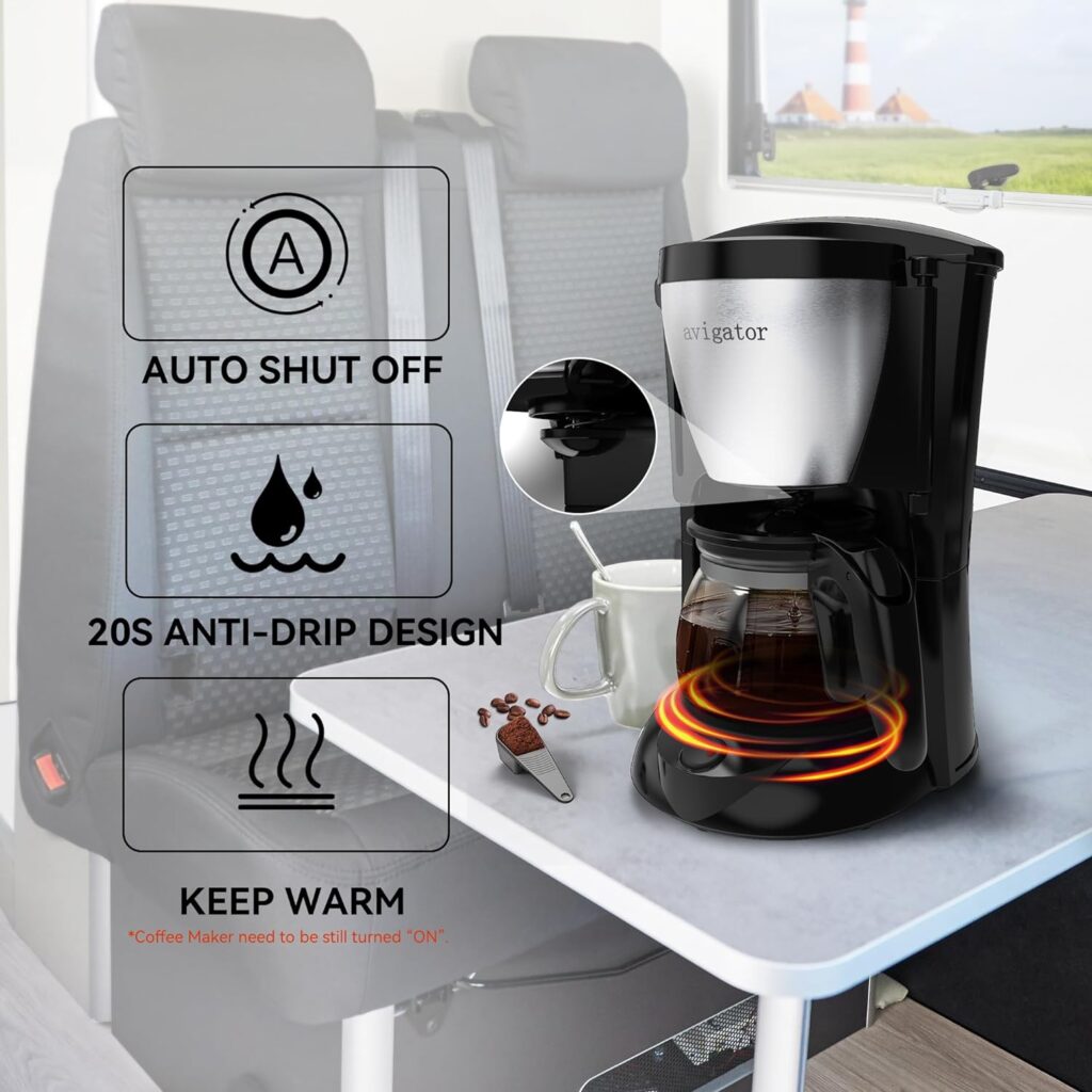 avigator 5-cup Car Coffee Maker with Car Charging Cigarette Lighter, 12V Travel Coffee Maker with Fast Heating, Glass Carafe, Compatible with Ground Coffee for Driving Camping RV (Silver Black)