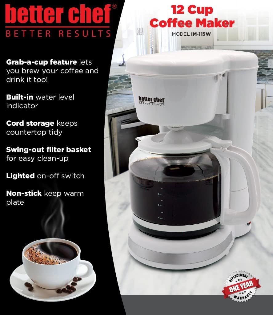 Better Chef Basic Coffee Maker | 12-Cup | Pause-N-Serve | Brushed Metal Trim (Red)