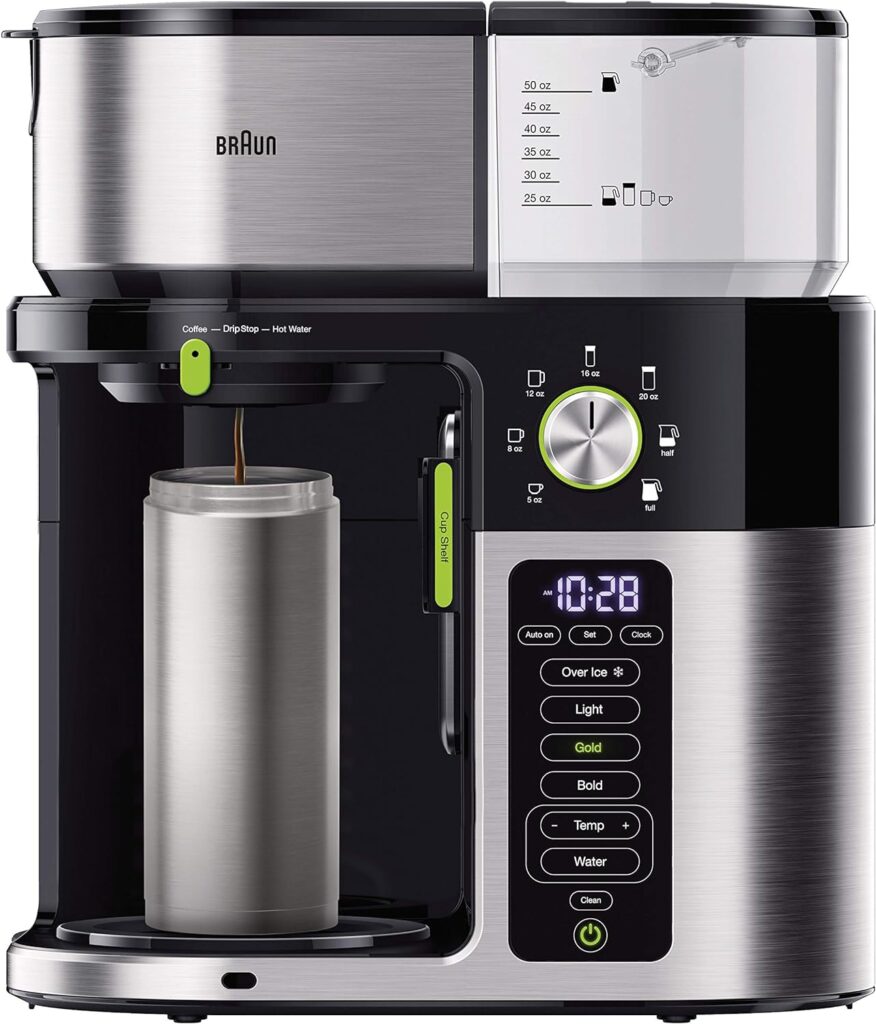 Braun MultiServe Coffee Machine 7 Programmable Brew Sizes / 3 Strengths + Iced Coffee  Hot Water for Tea, Glass Carafe (10-Cup), Stainless/Black, KF9150BK