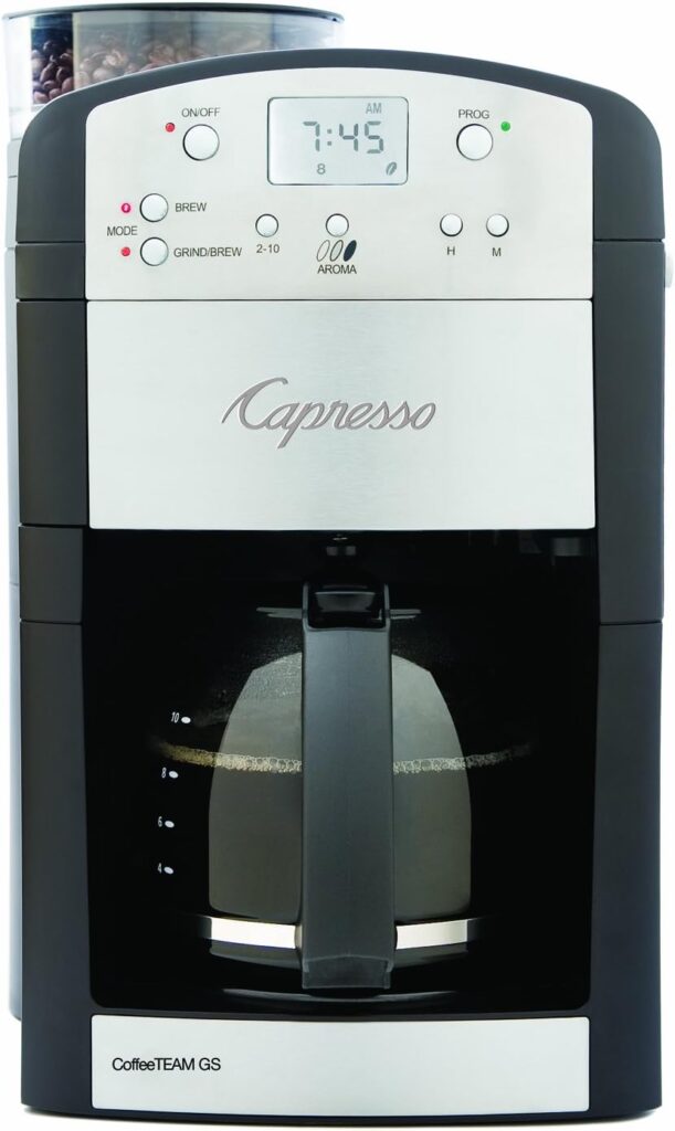 Capresso 464.05 CoffeeTeam GS 10-Cup Digital Coffeemaker with Conical Burr Grinder, Glass Carafe , Black , 15.5 x 9.5 x 9.75