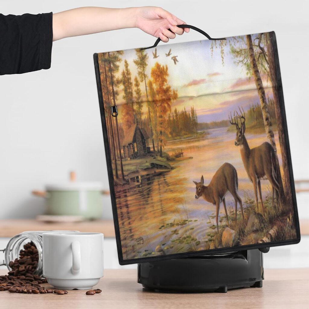 Forest Animal Deer Tree River Coffee Maker Cover Dust protection, Coffee Machine Cover with Pockets and Top Handle， Easy Clean 14.6 * 11.2 * 17inch