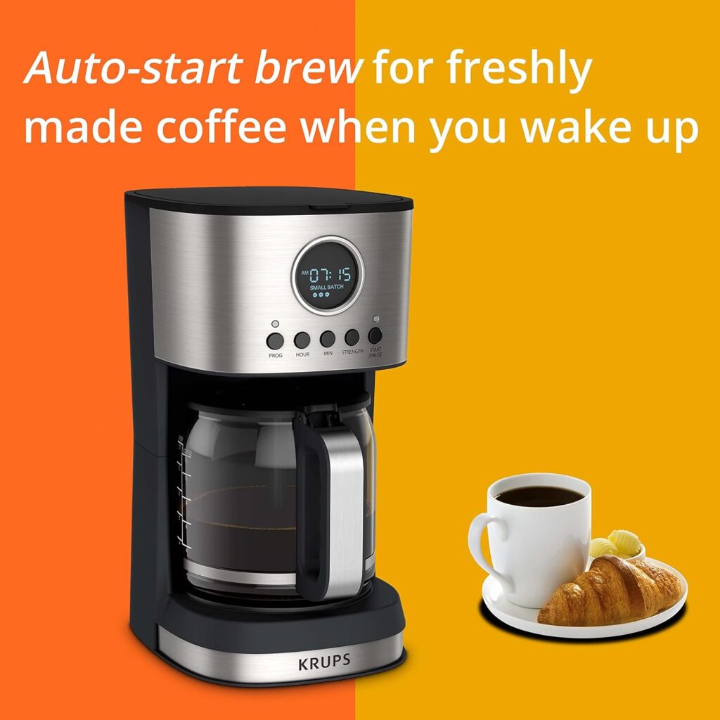 Krups Essential Brew Stainless Steel Drip Coffee Maker 12 cup 99 Watts Digital Control, Coffee Filter, Drip Free, Dishwasher Safe Thermal Pot Black